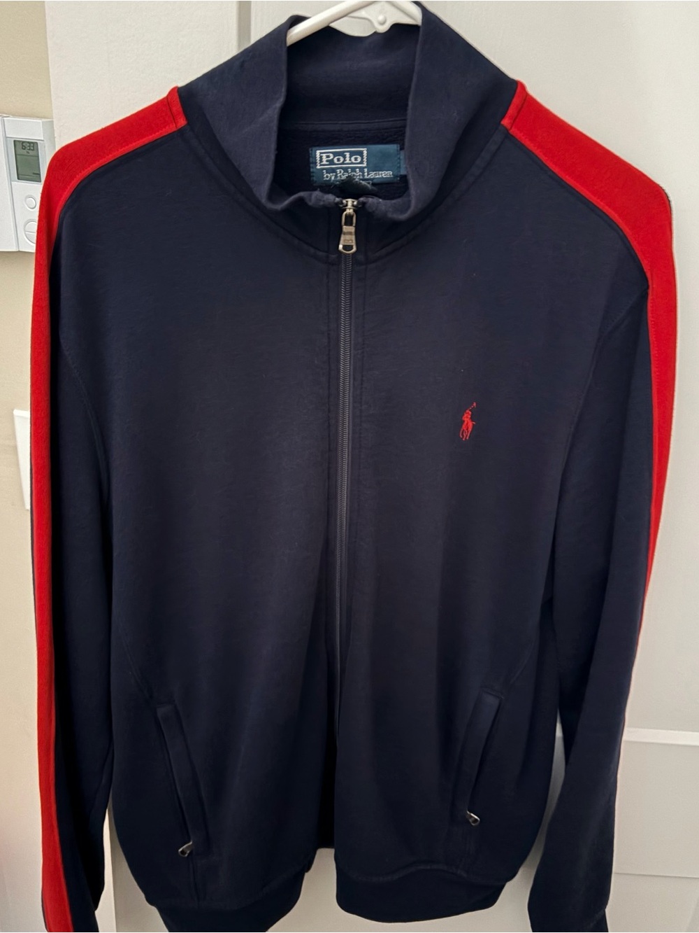 Polo by Ralph Lauren Navy Zip-Up Sweater with Red Shoulder Stripes